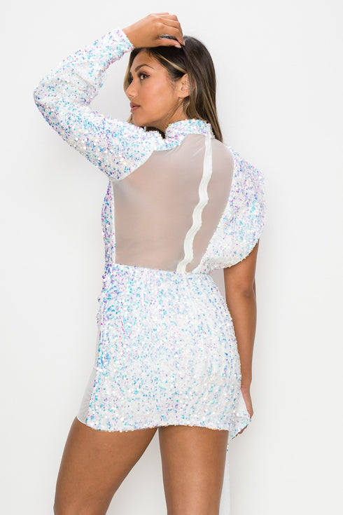 One Shoulder Draped Sequin Mini Dress - White - SohoGirl.com